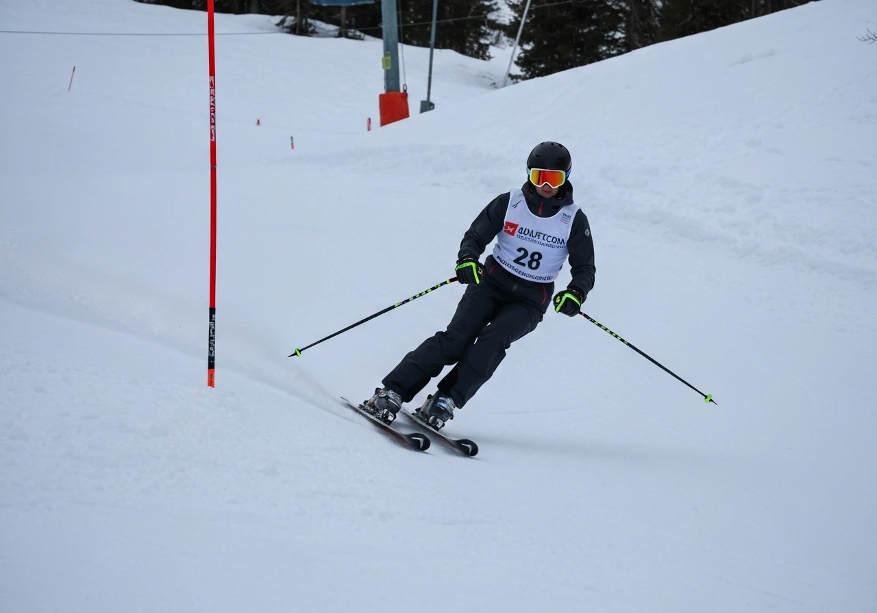 Skieur anonyme sur une piste rouge, virage contrôlé et vitesse maîtrisée, neige et sapins en arrière-plan.