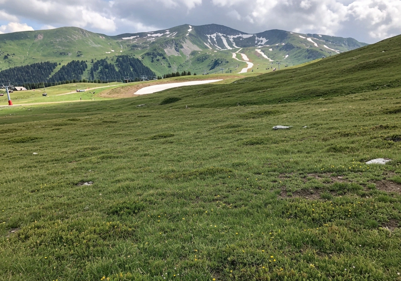 Vue d’ensemble d’une zone enherbée en altitude avec neige au loin, et les pistes du Rouge-Gazon en arrière-plan.
