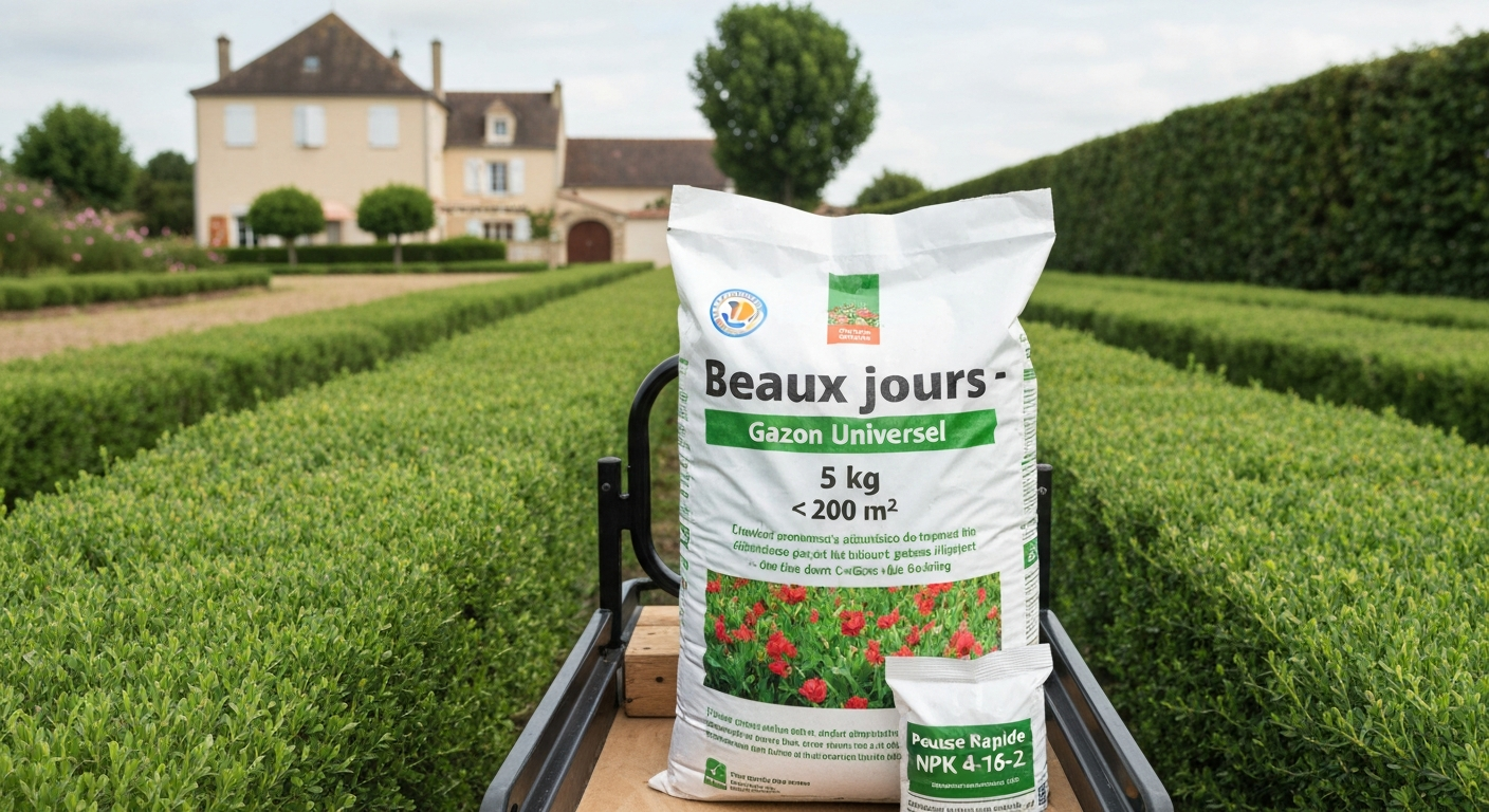 Pelouse verte printanière avec sac de semences Beaux Jours 5 kg en premier plan et outils de jardin.