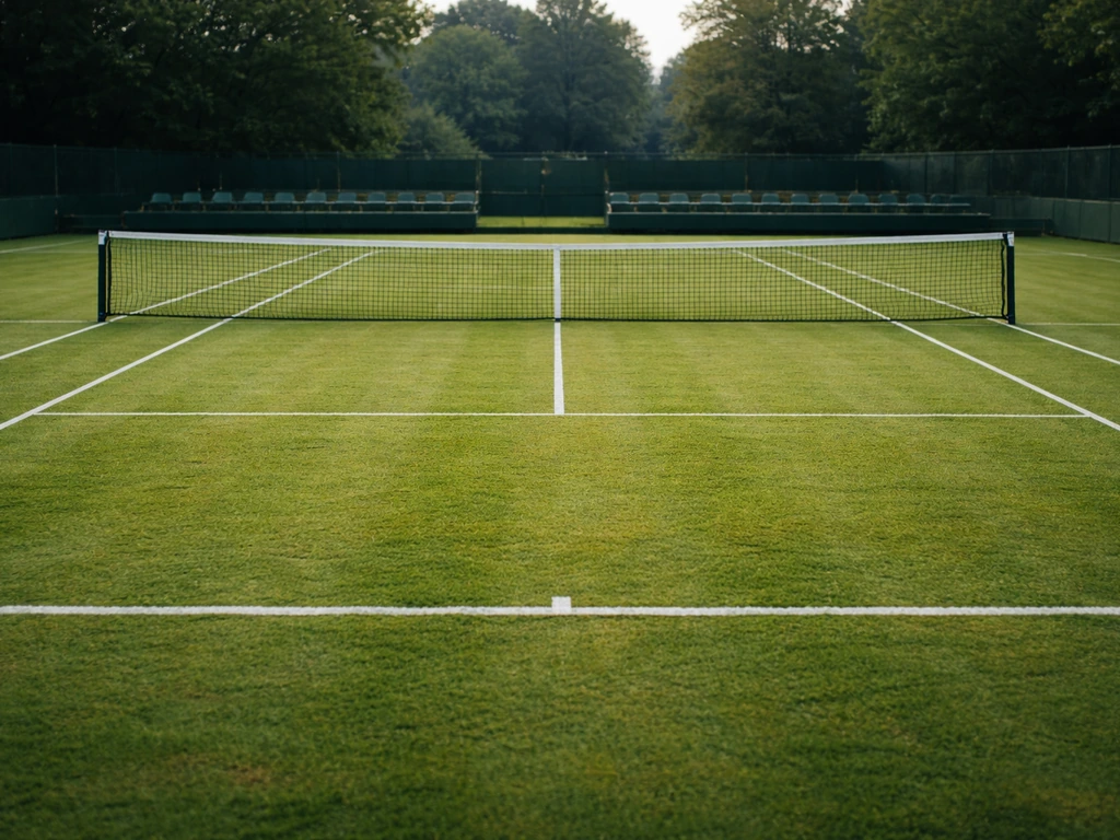 Court de tennis en gazon près de Wimbledon, filet et lignes blanches nettes, ambiance “grass court”.
