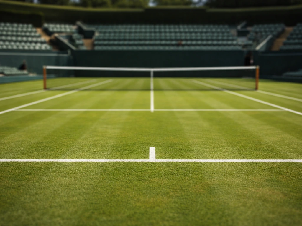 Court de tennis sur gazon avec filet et tribunes, ambiance calme juste avant Wimbledon