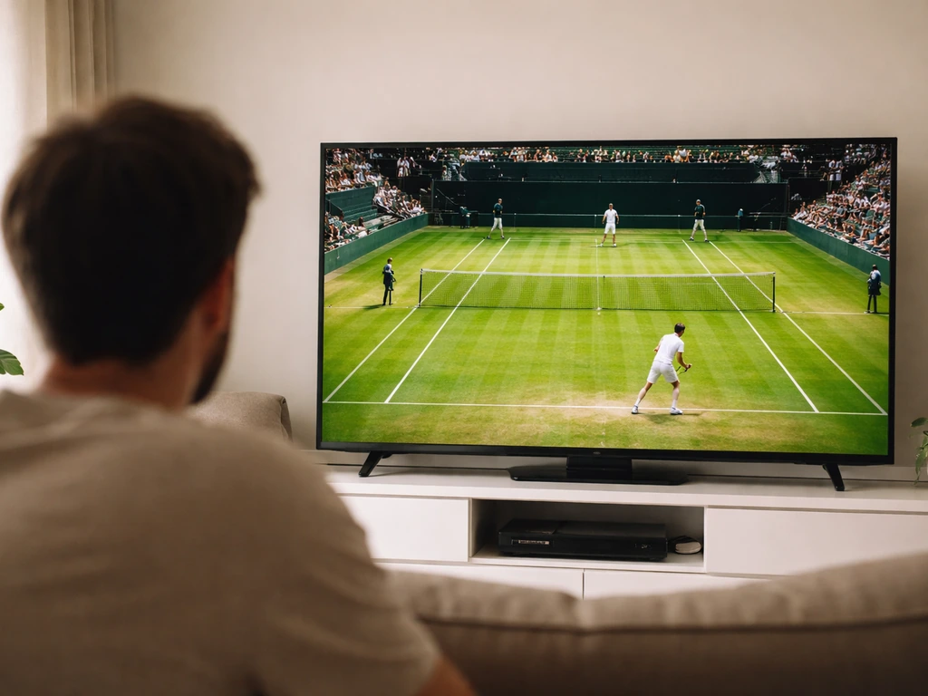 Salon avec un écran TV affichant un match de tennis sur gazon, vue réaliste et minimaliste.