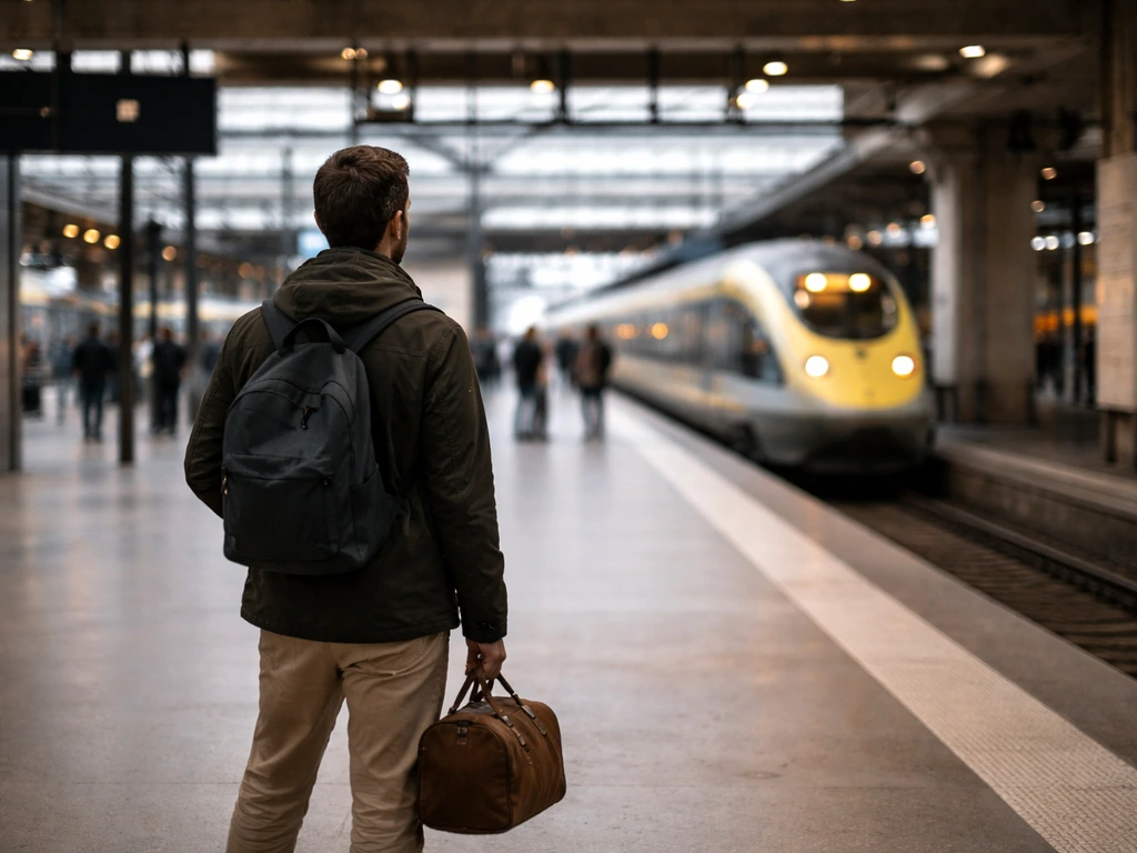 Voyageur anonyme à Paris-Gare du Nord, avec une rame type Eurostar en arrière-plan vers Londres.