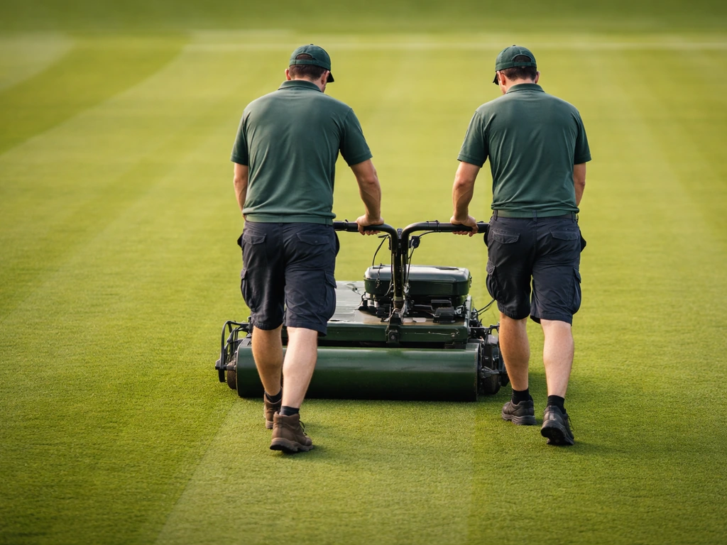 Groundsmen tondant un court de gazon avant un tournoi, tonte courte 6–8 mm, pelouse lisse et régulière.