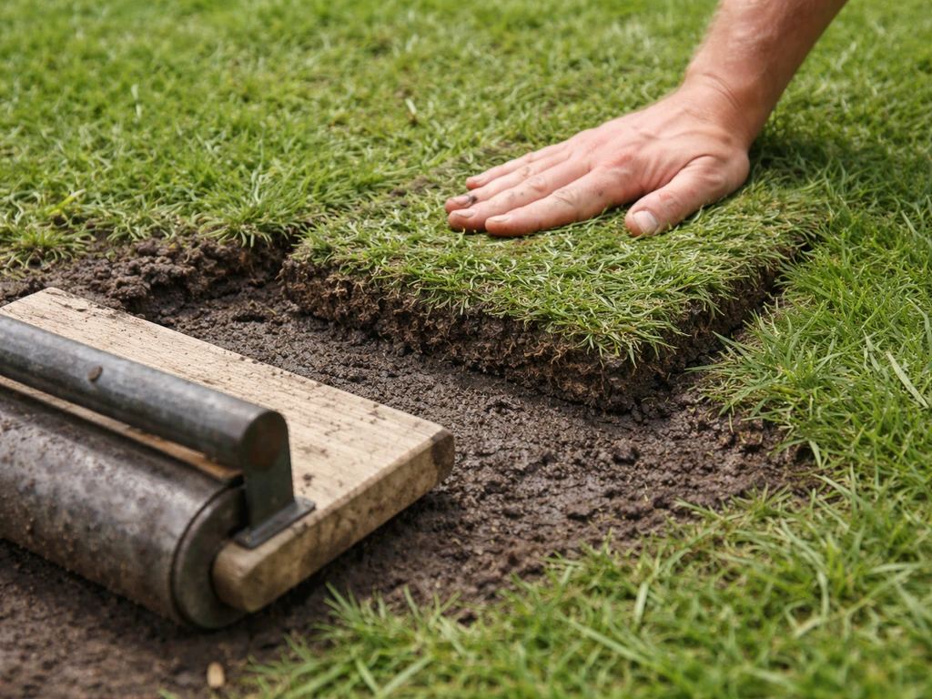 Gazon de sport : plaque arrachée remise en place et compactée avec une planche dans une zone abîmée