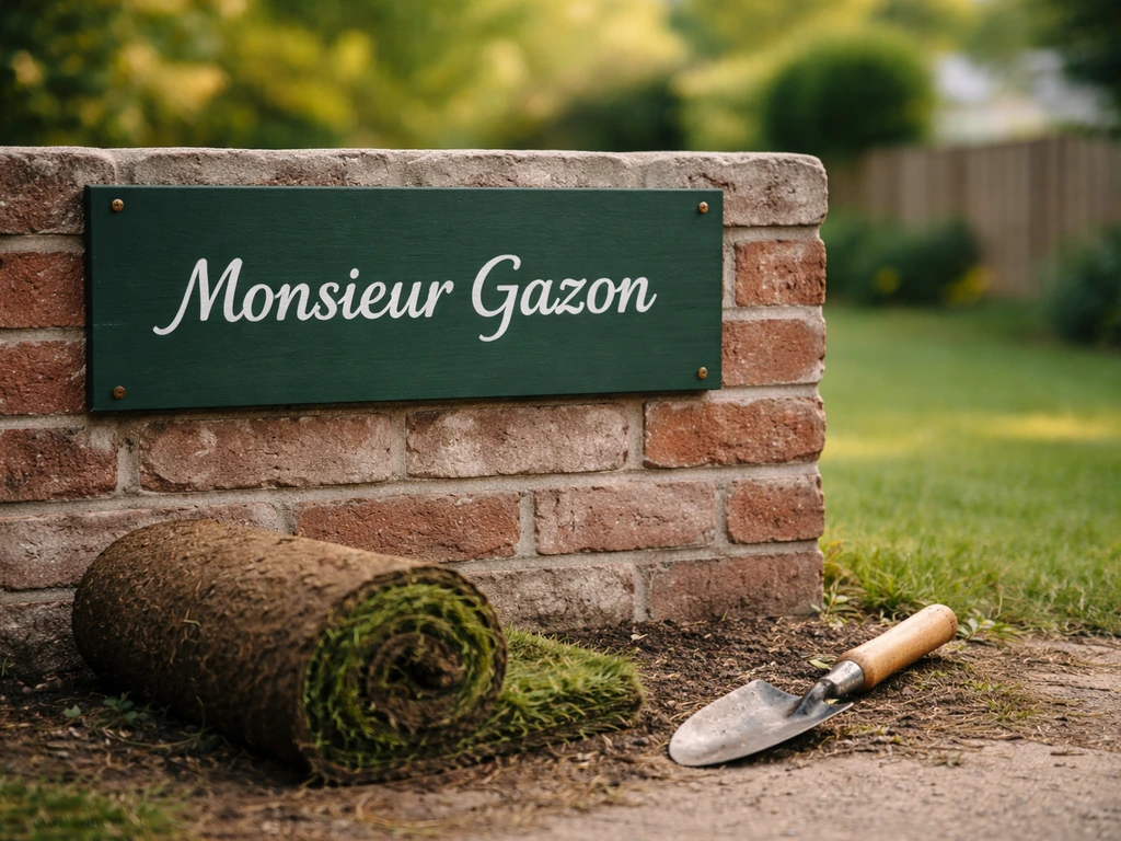 Enseigne fictive « Monsieur Gazon » près d’outils de jardinage et d’un rouleau de gazon, ambiance de voisinage.