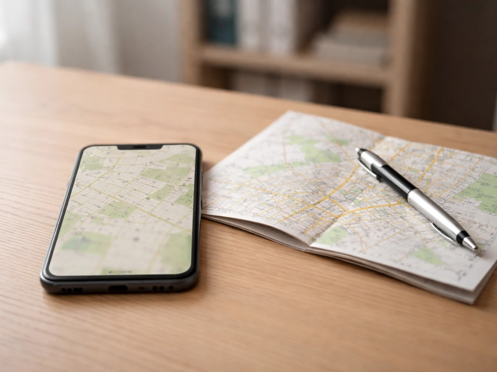 Table avec un smartphone montrant un plan cadastral flou, pour repérer une parcelle en France.