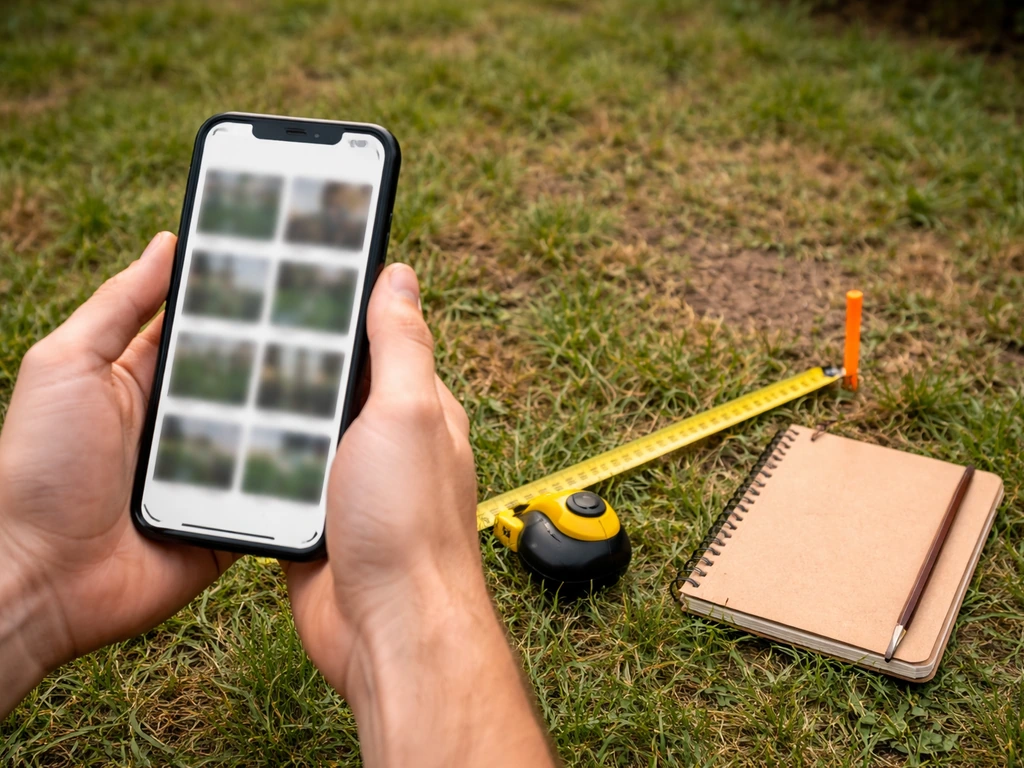 Mains anonymes prenant des photos sur smartphone d’un terrain avec mètre et repère de limite au sol