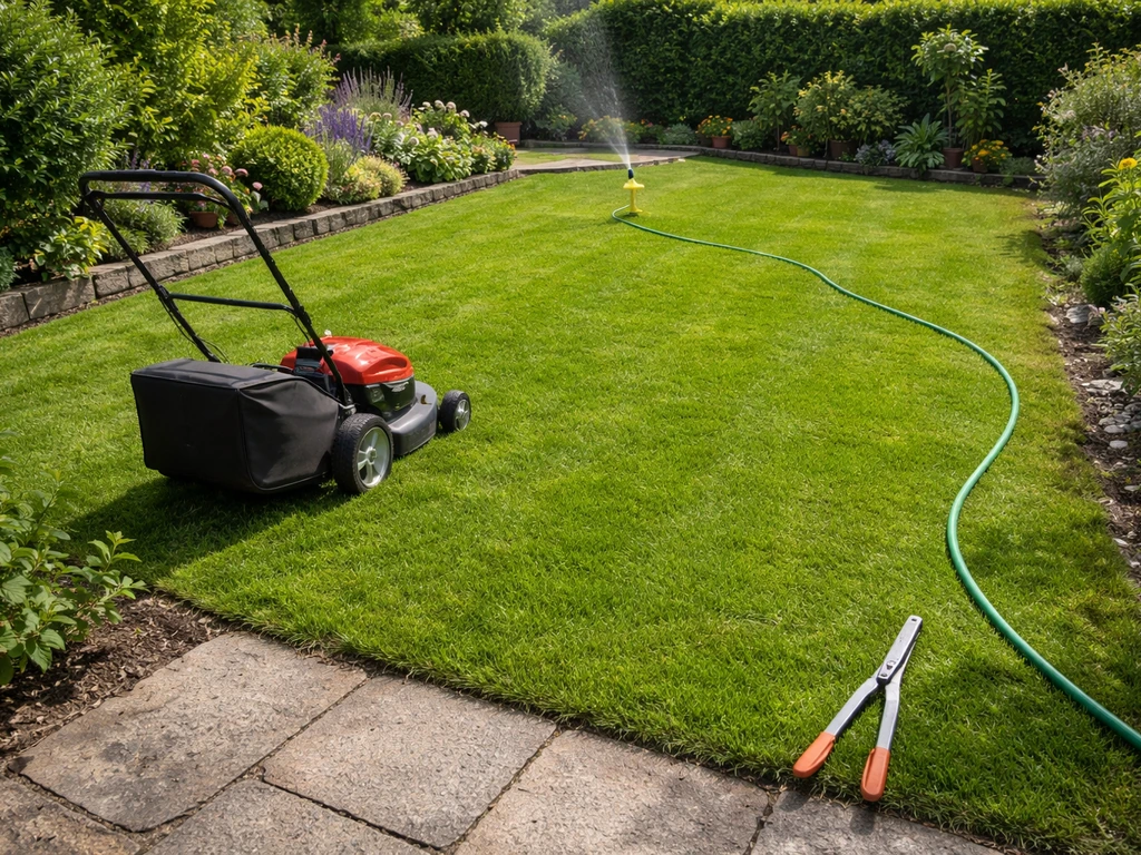 Jardin avec gazon fraîchement tondu, tondeuse et coupe-bordures, tuyau d’arrosage près de la bordure.