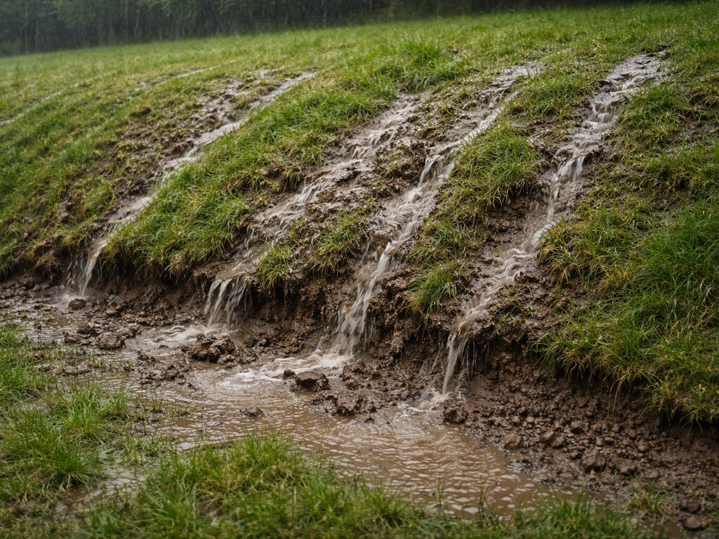 Pluie ruisselant sur un talus, terre entraînée et gazon abîmé en bas de pente