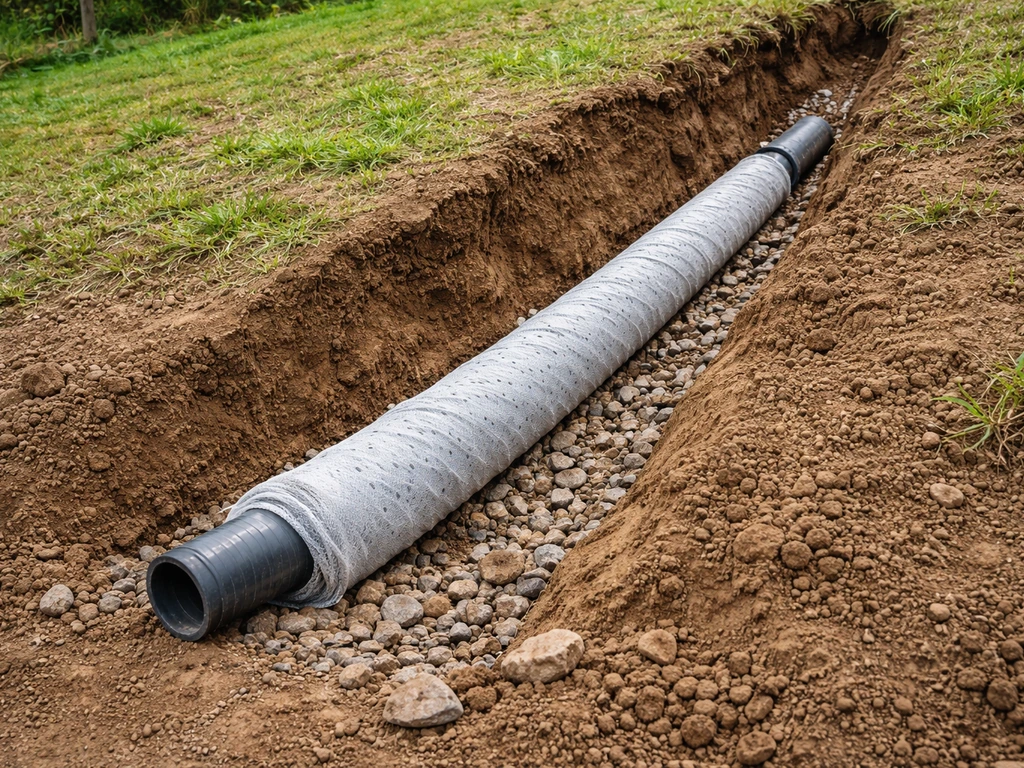Drain agricole en bas de pente : tuyau perforé gainé de géotextile posé en biais avec raccord d’évacuation.