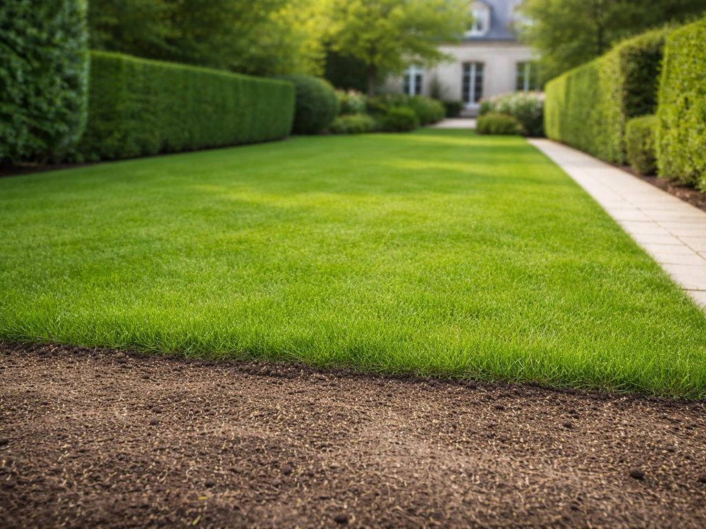 Jardin français avec une pelouse dense et fraîchement regarnie, sol préparé et bordure nette