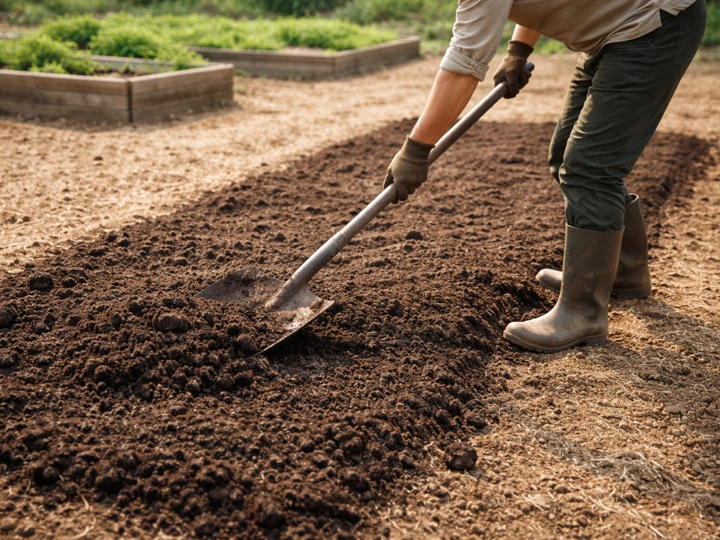 Épandage de compost sur une terre de jardin puis râtelage pour créer un lit de semence uniforme