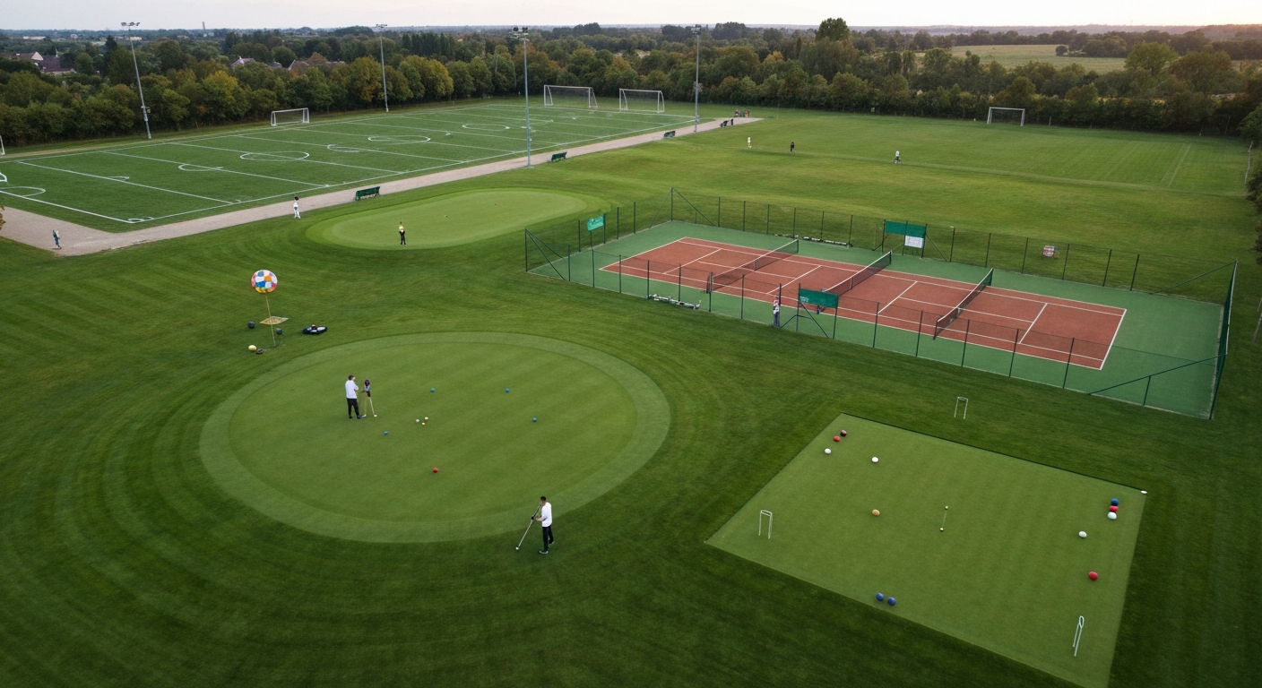 Vue aérienne d'un espace multifonction en pelouse montrant football, rugby, tennis sur gazon, fairway de golf et pelouse de croquet, avec textures d'herbe distinctes