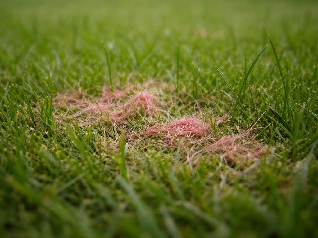 Pelouse de jardin avec une zone rosée et des filaments au sol, rappelant le “fil rouge” à diagnostiquer.
