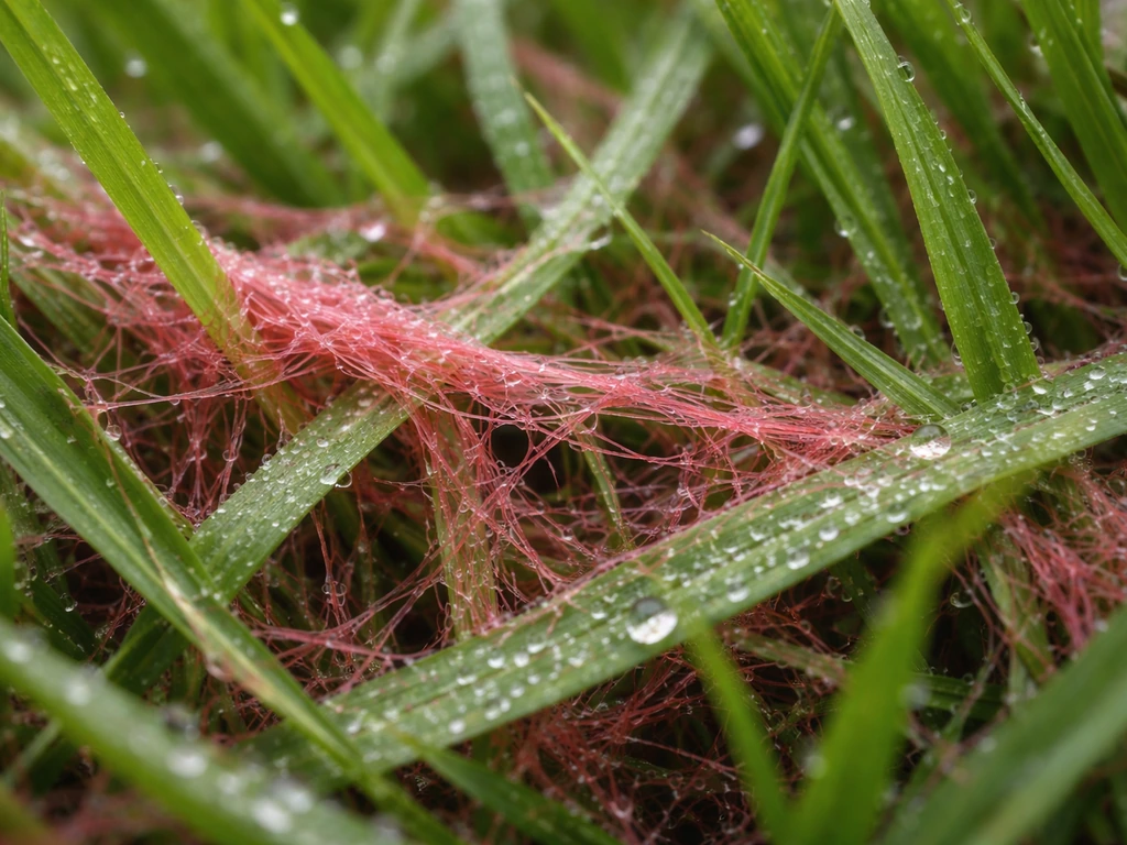 Plan macro de filaments rose-rouge typiques du fil rouge entre des brins d’herbe, ambiance chaude et humide.