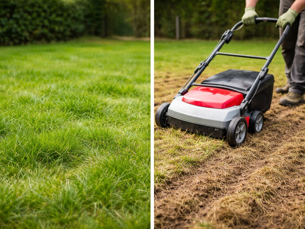 Gazon scarifié : un jardinier scarifie et révèle des stries, contraste avant/après dans le même cadre.
