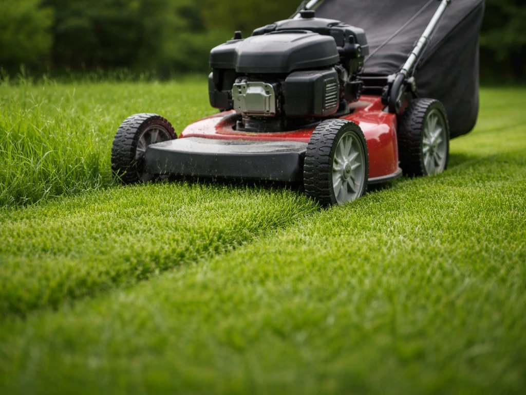 Une pelouse verte avec une tondeuse, évoquant “to mow the lawn” et “lawn mowing”.