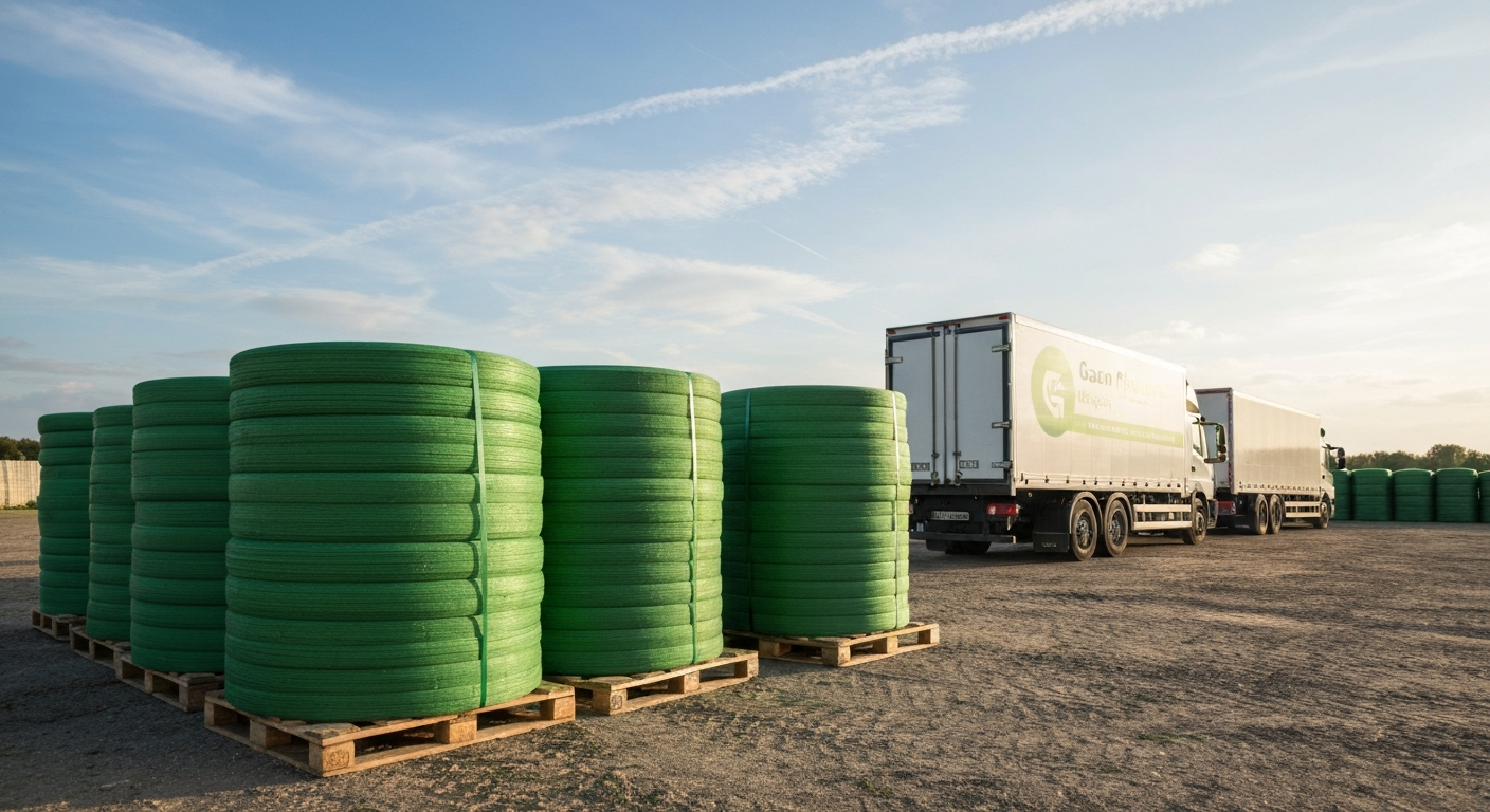 Rouleaux de gazon frais empilés dans un dépôt en Île-de-France avec un camion-grue en arrière-plan.