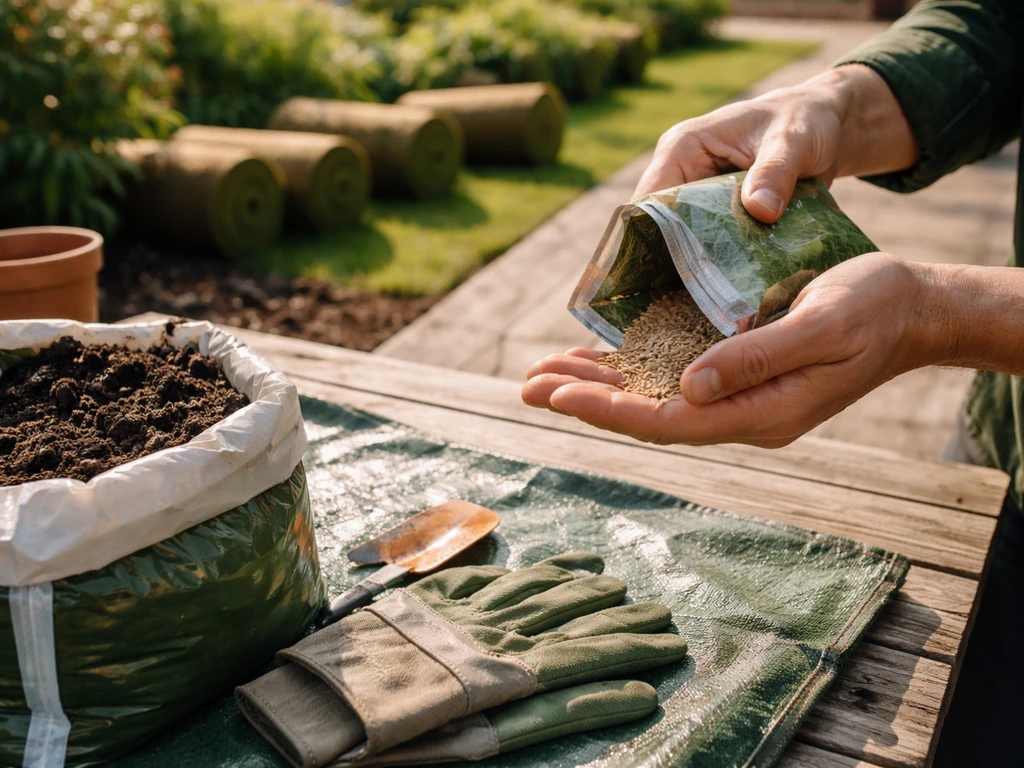 Mains anonymes tenant un sachet de semences de gazon, avec rouleaux de gazon et outils de jardin au premier plan.