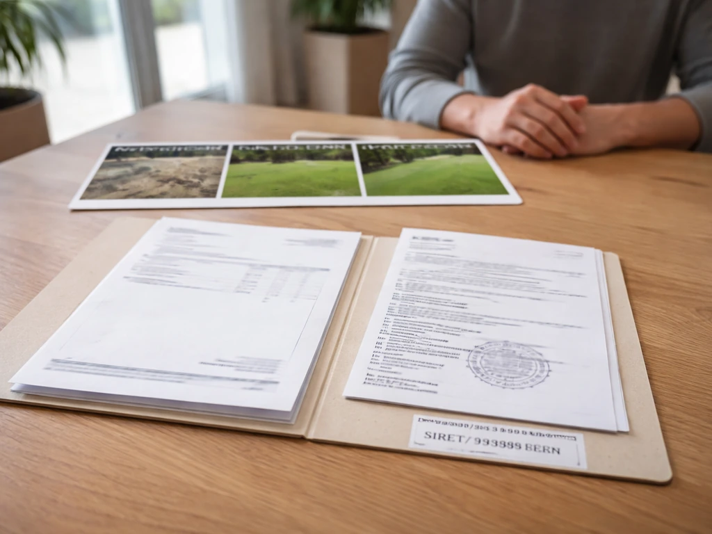 Plan rapproché de documents de vérification et photos “avant/après” de pelouse, sur une table en bois.