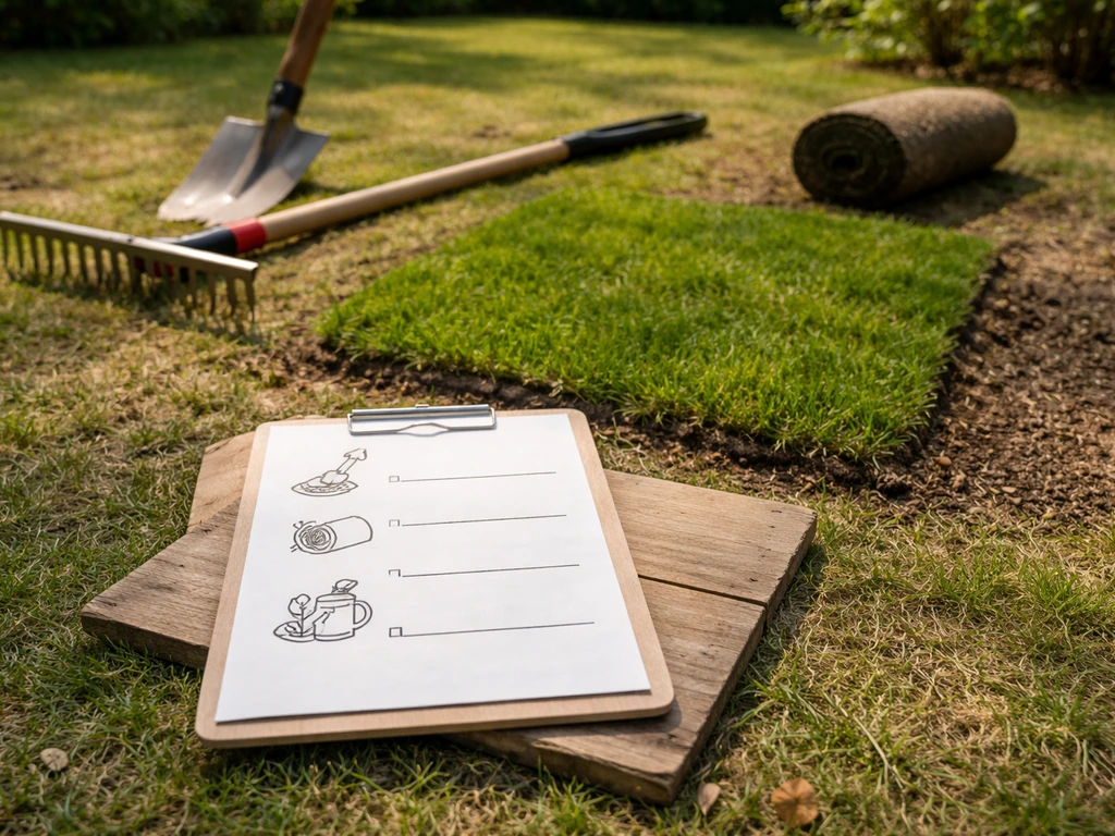 Terrain de jardin avec outils de tonte et checklist en bois, pour comparer des prestations gazon
