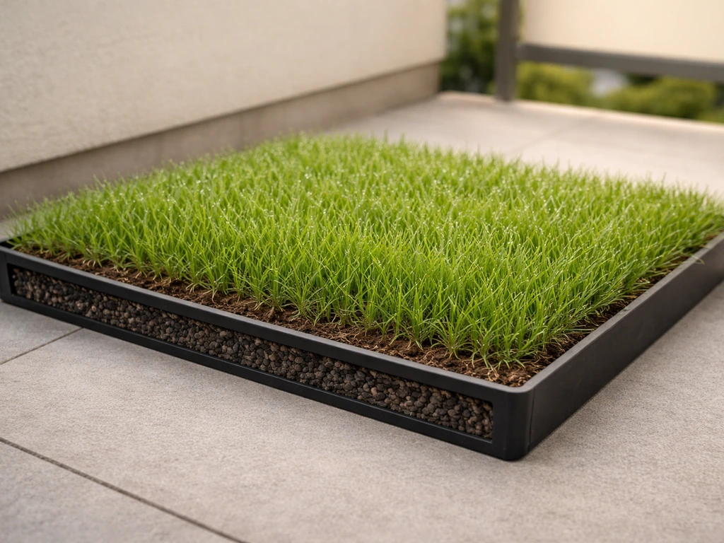 Bac de vrai gazon sur balcon avec couche de drainage visible au bord, substrat vivant, rendu naturel