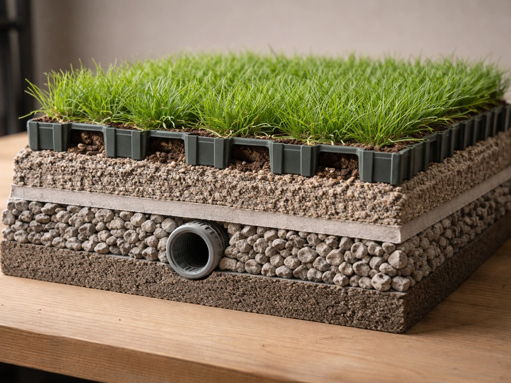 Coupe visuelle réaliste d’un parking enherbé : couche de forme, sous-couche, drainage, dalles et grilles.