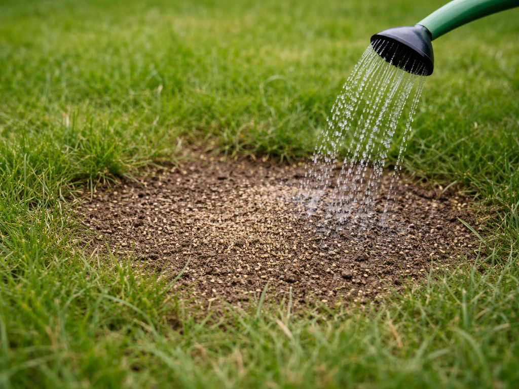 Gazon montrant des zones tassées en cours de regarnissage, avec graines en surface et arrosoir discret.