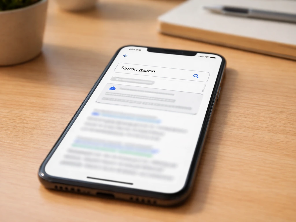 Écran de recherche sur un smartphone montrant des résultats liés à « Simon gazon » et un encart homonymie