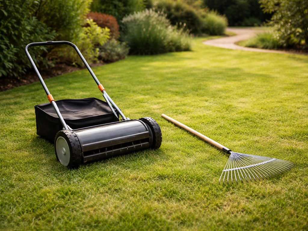 Pelouse verte avec tondeuse et râteau posés au premier plan, jardin calme et entretenu.