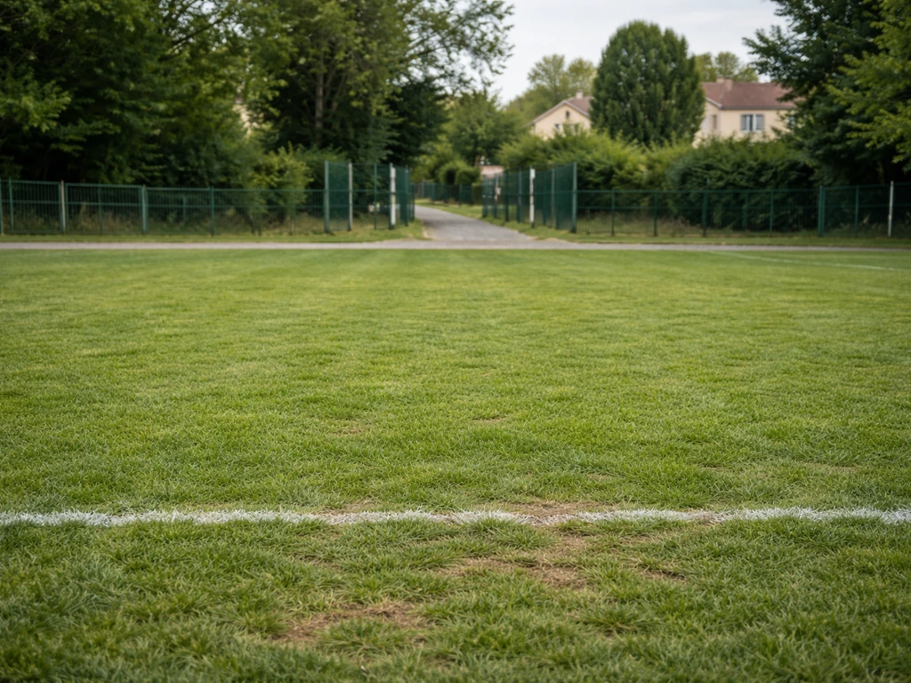 Un petit terrain herbeux local avec une entrée de club discrète, ambiance calme et naturelle.