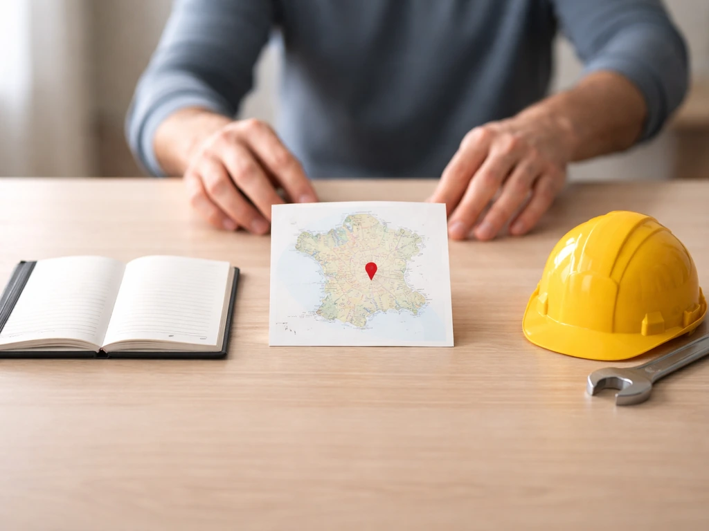 Trois objets sur une table : carnet pro, carte localisant une zone, et objet d’activité, pour trier les étapes à suivre.