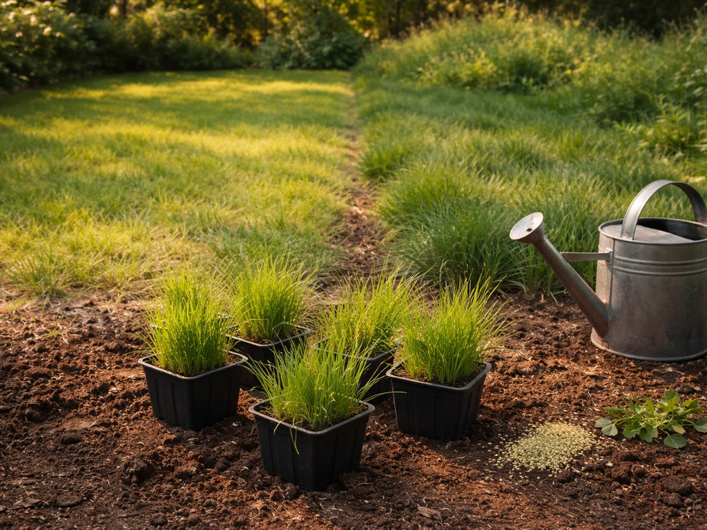 Deux zones de jardin (plein soleil et mi-ombre) avec godets de jeunes graminées, lumière naturelle.