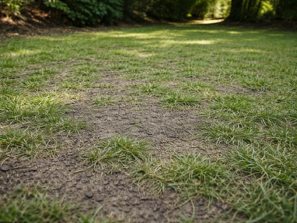 Pelouse dense et piétinée, herbe au ras du sol, ambiance jardin avec ombre légère