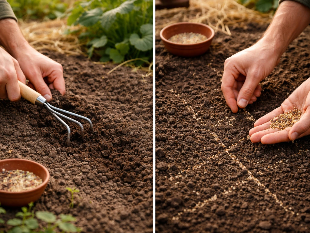 Mains anonymes désherbant et griffant la terre, puis répartition de graines sur un petit carré de potager.