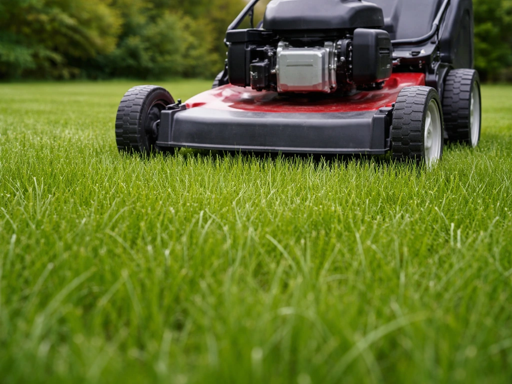 Tondeuse réglée pour la première tonte sur une pelouse nouvelle d’environ 8 à 10 cm, herbe uniforme et humide.