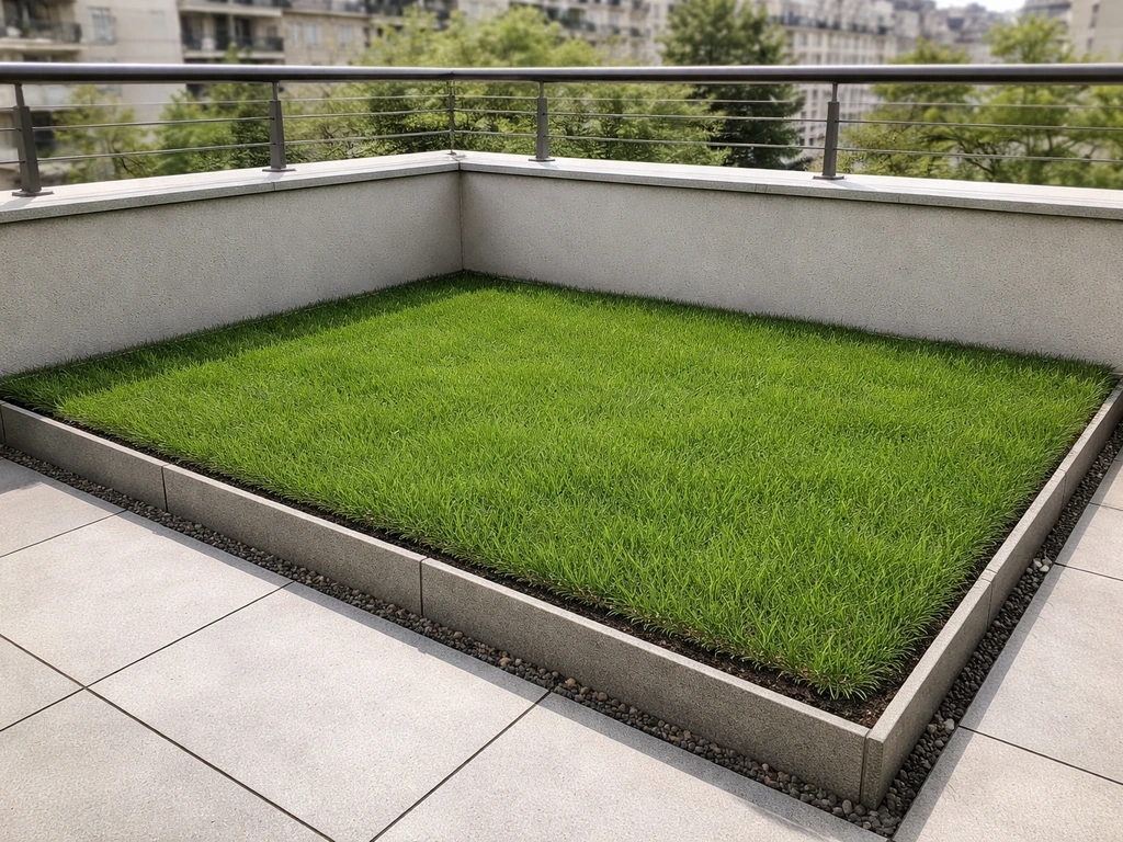 Terrasse d’appartement avec bacs de gazon en plaques verts, substrat et drainage visibles, vue urbaine en arrière-plan.