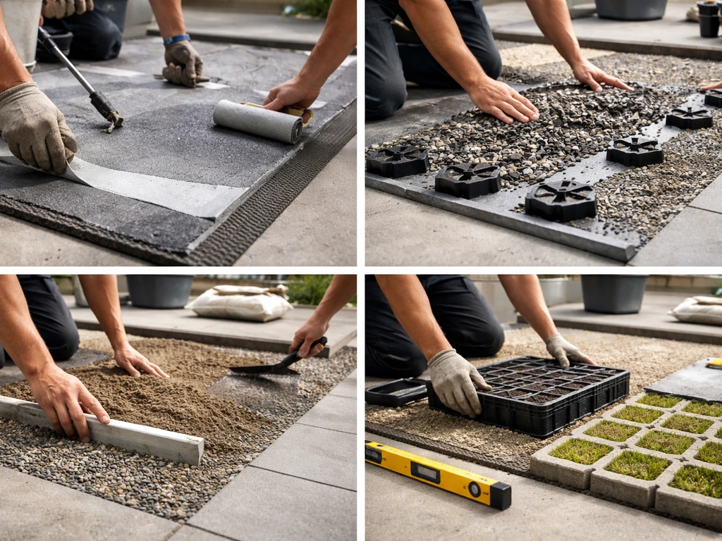 Mains au travail sur une terrasse béton : étanchéité, drainage, substrat et dalles-gazon en empilement.