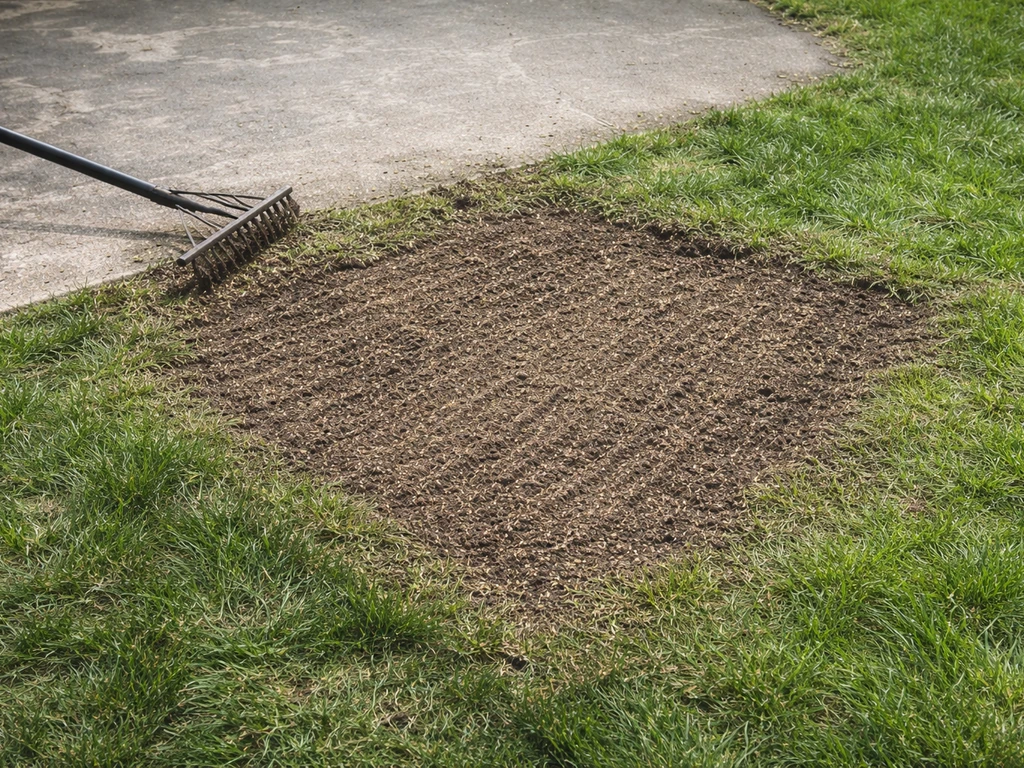 Terrasse avec zone dégarnie avant/après : scarification légère, terre fraîche et semis de regarnissage