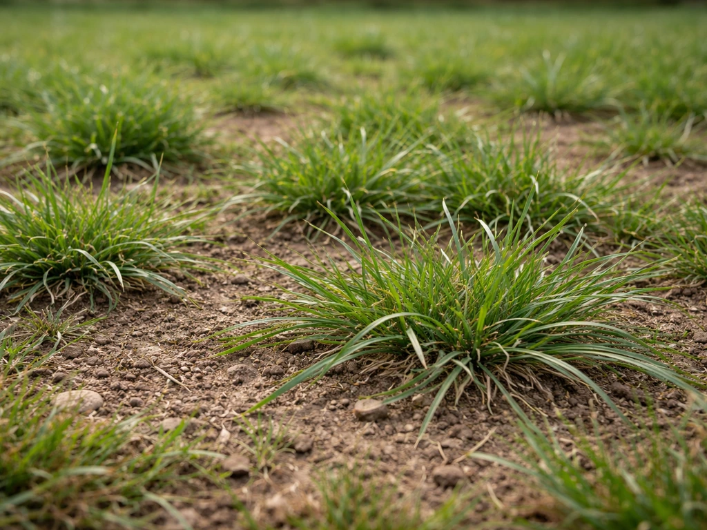 Pelouse de jardin infestée de chiendent : feuilles longues et rugueuses visibles au ras du sol.