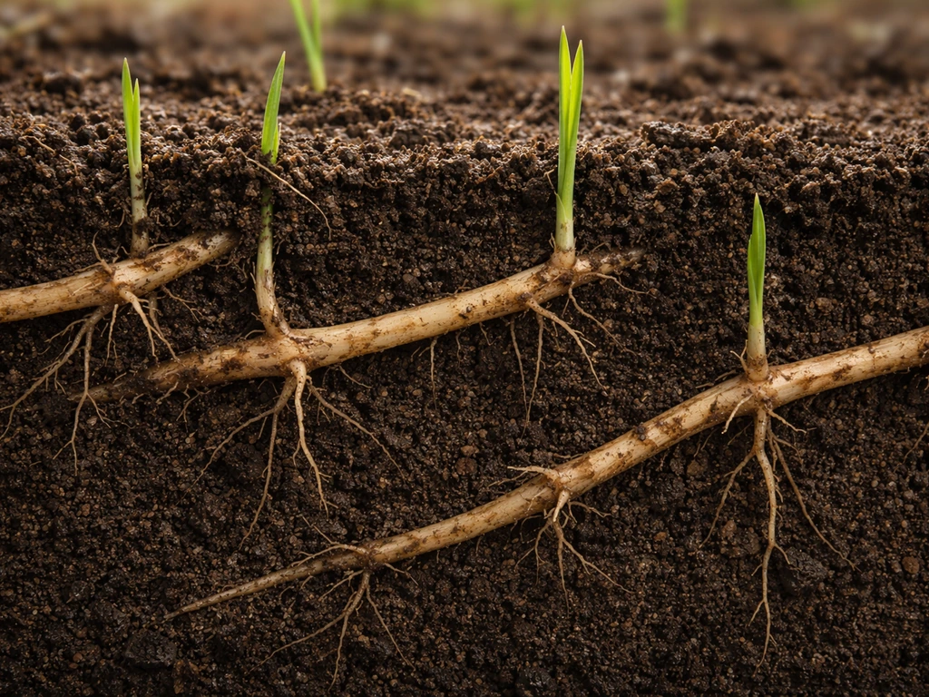 Vue en coupe réaliste de rhizomes de chiendent se propageant sous la terre, racines et jeunes pousses.