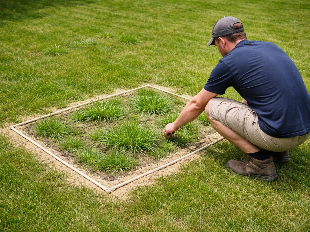 Une personne délimite au sable et à la corde une zone de chiendent sur une pelouse de jardin.
