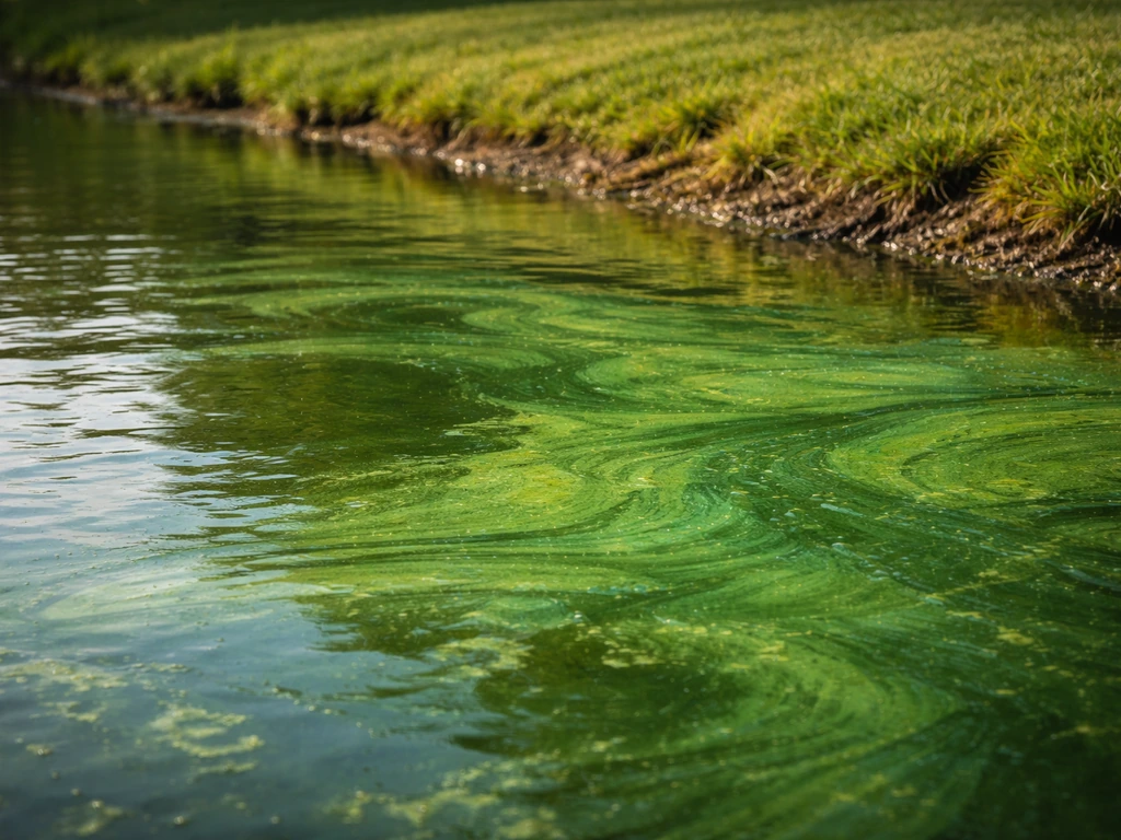 Plan d’eau avec film vert/bleu d’algues et pelouse voisine verdit près du bord de la rive.