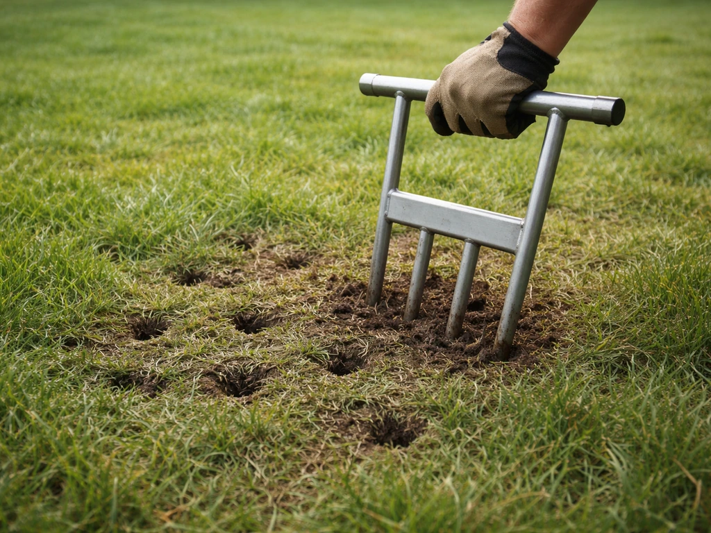 Jardinier utilisant un aérateur à griffes pour créer des trous dans une pelouse compacte