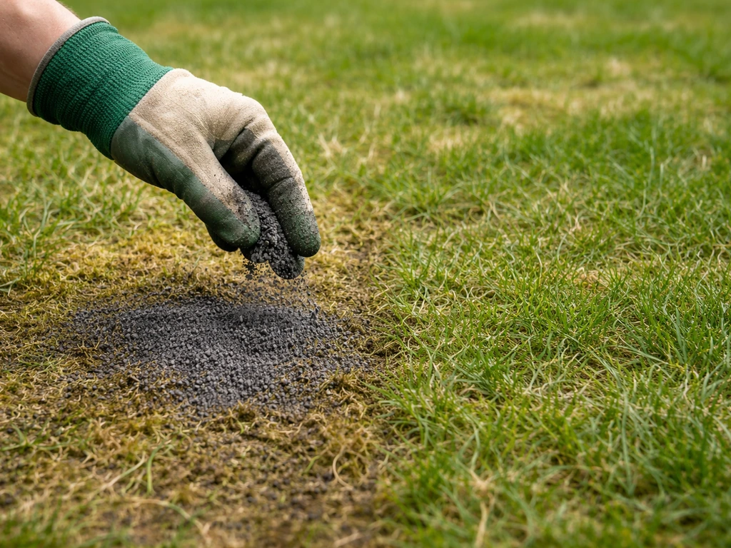 Main gantée appliquant une poudre de sulfate de fer sur une pelouse, zone voisine non traitée