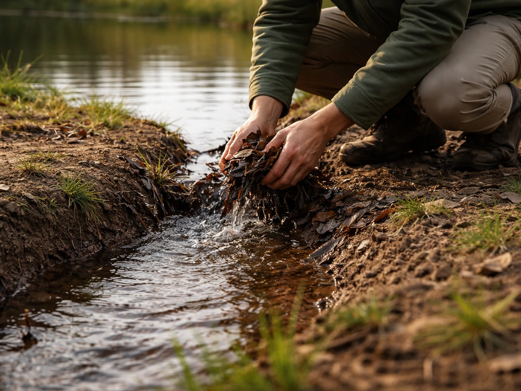 Une personne débouche une rigole au bord d’un plan d’eau, les débris sont retirés et l’eau s’écoule à nouveau.