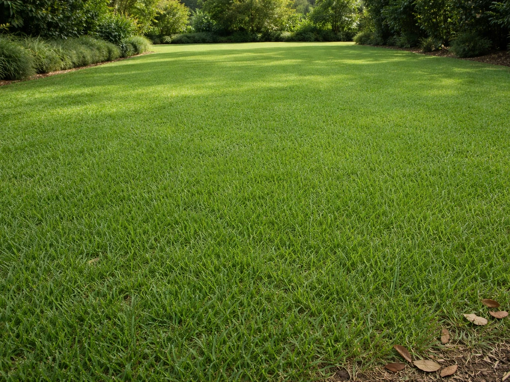 Pelouse Kikuyu Kikouyou dense et régulière dans un jardin français, vue en plan large au soleil.