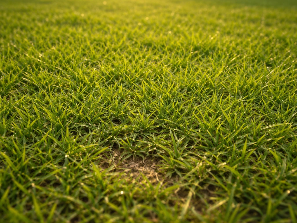 Pelouse kikuyu dense et verte en été, vue au ras de l’herbe, sol légèrement sec mais herbe verdoyante.