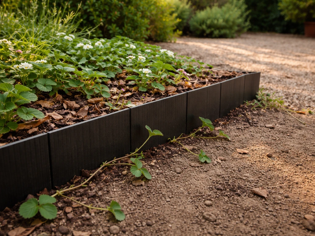 Jardin avec une bordure anti-rhizomes posée pour contenir des stolons envahissants